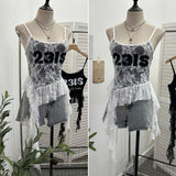 Real Shooting Lace Sling Vest Irregular Ribbon Hot Wear Print Short-Sleeved Top 1193