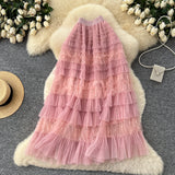 Fairy Heavy Industry Embroidery Mesh Dress 2025 Autumn French High-Waist Thin Ponum Cake Mid-Skirt