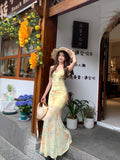 French Yellow Floral Sling Dress Woman Summer Seaside Vacation Beauty Pure Fishtail Ass And Hip Dress