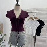 Pure-Wanted Lace Side Lace With Bow V-Neck Short-Sleeved T-Shirt T-Shirt T-Shirt Short-Sleeved Body Dress 6006