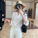 Korean Version Of White Collar Shirt Female Long Sleeve Double Pocket Metal Buckle Commuting Temperament Blouse
