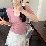 Mint Green Knitted Top Women's Summer 2025 New Thin U-Neck Fashion Fashion Slim Slim Slim Short-Sleeved T-Shirt