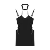 Black Hollow Hanging Dress Women Summer Chain Hanging Neck Hot Girl Pure Windy Sleeveless Ass Short Skirt
