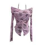 Real Shot Shoulder Strap Hanging Neck Pure Lust Wind Long-Sleeved T-Shirt Repair Cross-Folded Open Fork Short Top 9932