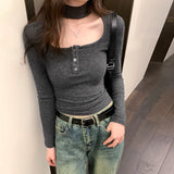 Sweet And Spicy Short-Sleeved T-Shirt Girl Autumn And Winter Repair Hob Hanging Neck Pure Want Plus Velvet Knitting Shirt Bottom Inside The Top
