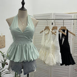 French Retro Hanging Neck Tie With Bare Back Sling Skirt Folded Short Sleeveless Top Woman 9225