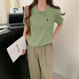 Fashion Embroidered Collar Half Zipper Short-Sleeved Sweater Knitted Women's Spring New Languid Top Casual
