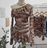 Slanted Shoulder Lotus Leaf Collar Long-Sleeved Mesh Printing Tops Irregular Hem Bottom T-Shirt 8061