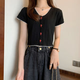 Summer New Korean Button Design Short-Sleeved Set Thin Knit T-Shirt Girl Skinny Umbilled Short Top