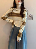 Short Knitted Shirt Women Spring Autumn Korean Chic Style Wearing Striped Hit-Bottomed Shirt Lazi Long-Sleeved Top