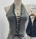 Real Shoot Water Wash Denim Front Open Lashing Neck Bare Back Small Sling Vest Deep V Spice Girls Short Blouse 2852