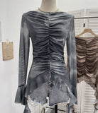 Real Shooting Hot Girl Horn Sleeve Net Yarn Bottom Shirt Girl Body Waste Wind Irregular Ribbon Long-Sleeved Top 2708
