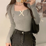 Sweet Three-Dimensional Bow Bow Collar Long-Sleeved Knitted Shirt Women Autumn New Design Sense Of Beauty To Put On The Top