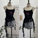 Real Shooting 2025 Summer New Women's Fashionable Lace Letter Print Sling Vest Ribbon Ribbon Ribbon Sleeveless Top 1193