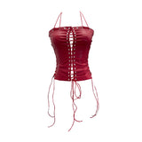 Punk Babes Hollow Strapped Braped Pu Skin Top Female Tight Sexy Short Hanging Neck Vest 2765