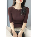High-Grade Black Shoulder Round-Neck Short-Sleeved Knitted Shirt Women's New 2026 Summer Shoulder Ice Refresher Bottom Top