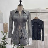 À±tie Denim Yarn Print Long Sleeve Open Shirt Hook Buckle Short Repair Body Dress 1293