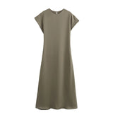 Spring 2025 New Women's Silk Silk Texture Solid Color Sleeveless Long Fan Flute Dress Woman