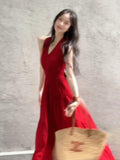 Seaside Holiday Red Hanging Neck Sling Dress Women's Early Summer New Beautiful Body-Clawed Beach Dress