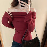 Design Sense Of Niche Folds Irregularly Collar Long-Sleeved T-Shirt Women's Spring And Autumn 2025 New Bottoming Shirt Repair Body