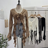 The Wasteland Wind Irregularly Drifted With Lotus Leaf Edge Strap With Hole Open Shirt Short Long Sleeves 9256