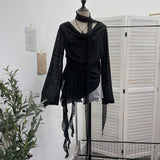 Real Shooting Wasteland Wind Irregular Ribbon Hollow Hole Knitted Shirt Collar Loose Long-Sleeved T-Shirt 9277