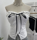 Real Shot With Chest Pad Lotus Leaf Edge With Bow Tector-Bossed Waist-Opened Hottie Sleeveless Top 9332