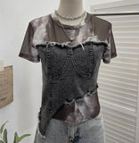 Stylish Denim Splicing Dizzy Mesh Yarn Short-Sleeved T-Shirt Girl Summer Body Short Small Blouse 26171