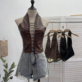 Real Shoot Babes Sexy Hollow Strap Hanging Neck Pu Sling Sling Vest Short-Carded Back Dress Woman 8120
