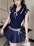 College Summer New Striped Tiling With Short-Sleeved Design Bow Sweet Age-Sleeved Knitting Top