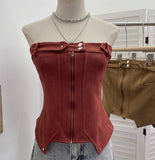 Real-Patring Zipper Open-Shirt With Bra Hottie Wrapped Breast Sexy Outer Wear Vest Short Irregular Sleeveless Top 2770