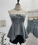 Real Shooting Thai Hottie Irregularly Under The Water Wash Denim Breast Vest Short Single-Breastless Sleeveless Top 2652