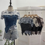 Stylish Denim Splicing Dizzy Mesh Yarn Short-Sleeved T-Shirt Girl Summer Body Short Small Blouse 26171