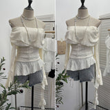 The Ballet Style Shoulder Fold Texture Texture Coat Irregularly Ribbon Horn Sleeve Short Shirt 1158