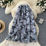 Net Yarn Half Dress Women's Autumn And Winter New High-Rise Thin Three-Dimensional Flower Embroidery Slid A Word Swing Skirt Dress Skirt