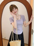 Sweet Purple Collar Folded Waist Short-Sleeved T-Shirt 2026 Summer New Slimming Hottie Short Top