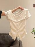White Wooden Ear Fake Two Bows Short-Sleeved T-Shirt 2026 Summer Lace Folds Repair Body Coat