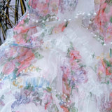 Heavy Industry Nail Pearl Irregular Dress Pined Printed Dress Color Cake 2025 New Half-Body Dress Net Yarn Long Dress
