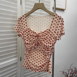Love Print Small Bow Net Collar Folded Body Elastic Short-Sleeved T-Shirt 28313
