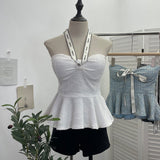 Small Fragrant Wind With Hanging Neck Bow Sling Vest Short High-Waist Shoulder Tector Blouse 2613
