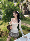 Pure-Style Sexy Hot Girl Square Collar Hollow Knitted Jersey Design Folded Lace Slings Inside The Top