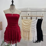 Real Shooting Retro Lace Spell To Receive Waist-Meared Tective Dress Sexy Collared Cake Dress Small Man Short Dress 1272