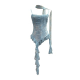 Real-Shooting Lace Splicing Irregular Lotus Leaf Edge Ribbon Sling Vest Round Neck Sexy Sleeveless Top 1218