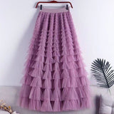 Lotus-Leaf Yarn Skirt Fairy Dress Girl 2025 Summer Slim Dress High-Waist A-Shaped Mesh Cake Skirt