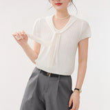 Grey Ribbon Strap Ice Silk Short-Sleeved Knitted Shirt Summer 2025 New Body-Cuff Hollow Shirt Solid Color Top