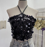 Heavy Industry Bling Bling Glide Hanging Neck Sling Vest One-Style Wrapping Tie With Large Bare Back Blouse 1083
