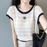 New Crash-Colf Hollow Lace Small Flying Sleeve Top Knitted Shirt Thin Short-Sleeved Women's Summer