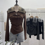 Real Shot Hair Splicing Tie With Fake Two Long-Sleeved T-Shirt Blouse Irregularly Short-Hitting Shirt23009