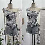 Real Shooting Street Hottie With Chest Pads With Chest Pads To Wear Chest Vest Print Irregular Short-Term Collection Waist One Shoulder Sleeveless Top 9276