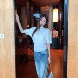 Unique Beautiful White Thin Round Collar Five-Sleeve Knitted T-Shirt For Women 2026 Summer New French Small Shirt
